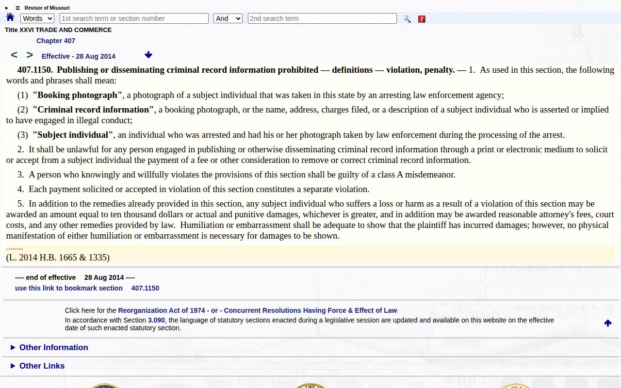 Missouri law governing correction or removal of Macon County booking photographs