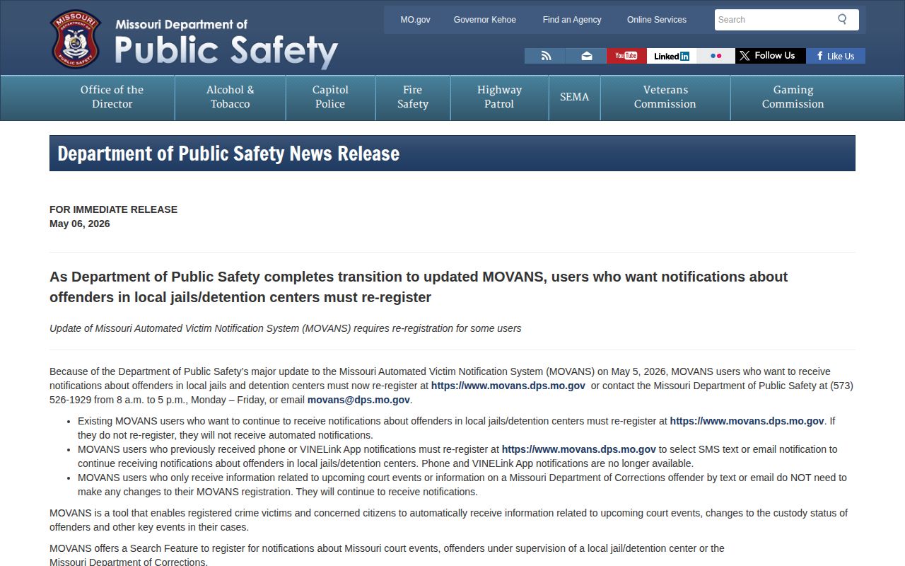 Macon County local jail VINE release notification transition to MOVANS